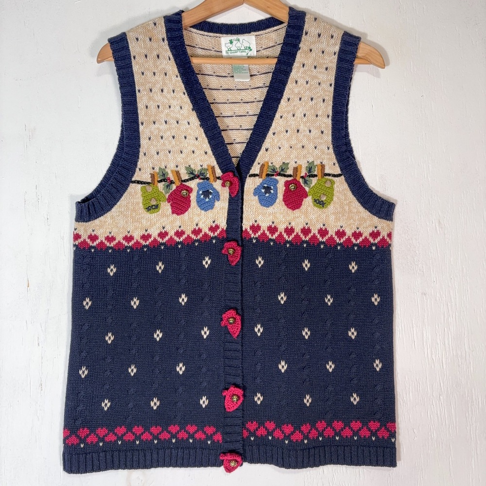 VTG 90s Quacker Factory Sweater Christmas Vest Womens M Embroidered Knit Holiday - Picture 2 of 7